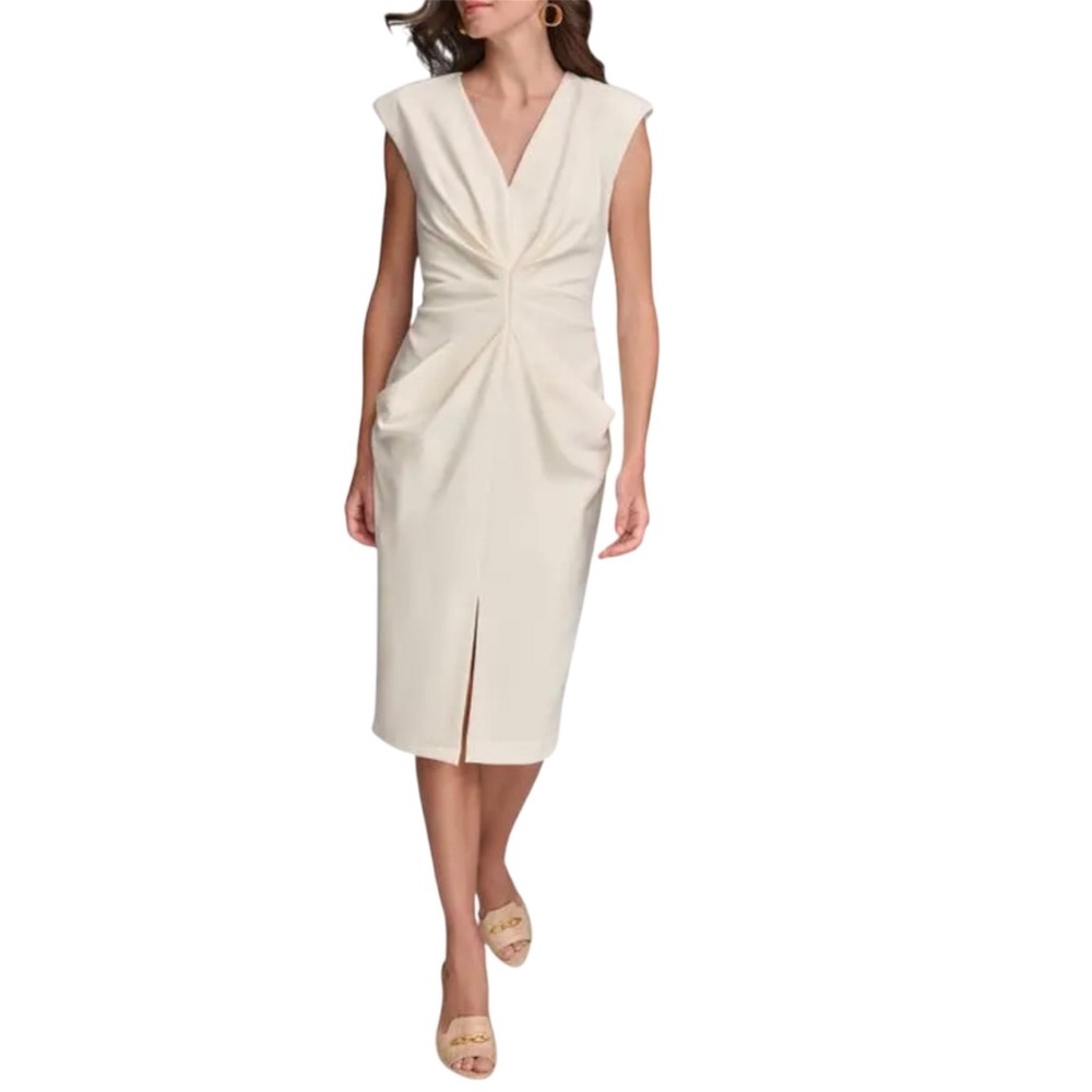Donna Karan New York Sheath Dress Cream Color Crepe Pleated Cap Sleeve Size 10